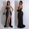 C6365 Transfronteiriço Aliexpress Amazon Moda Europeia e Americana Feminina Cor Sólida Strass Lantejoula Sem Mangas Vestido Longo
