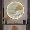 Nueva Pintura Decorativa de Entrada Estilo Chino con Iluminación LED, Arte de Pared Circular Luminoso para Pasillos y Vestíbulos, Pintura de Paisaje de Pino de Bienvenida para la Entrada