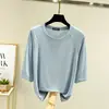 Nova blusa solta de manga três quartos para outono para mulheres, camiseta fina raglan de manga média, base versátil de modal com gola redonda
