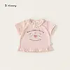 Roupas Infantis Bangxuan Tops para Meninas Verão Novidades Patchwork Renda Camiseta para Crianças Pequenas Rosa Doce Bebê Manga Curta Tendência