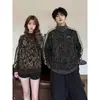 Chaqueta retro americana con estampado de leopardo, unisex, atuendo de otoño para pareja, cuello alto, a rayas, corta, corte holgado, estilo high-street, moderna