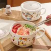 Tazón de cerámica para fideos instantáneos, lonchera, tazón para fideos con tapa y asa, apto para microondas, tazón especial de conservación, tazón para sopa, tazón para arroz