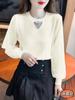 Suéter de costura de malla de estilo extranjero para mujer, nueva moda de otoño 2024, camisa pequeña de manga larga, camisa base superior, venta al por mayor