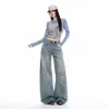 Jeans de mujer de pierna ancha y caída, estilo retro americano de otoño con patrón de bambú desgastado, pantalones de pierna curva, transfronterizos otoño 2026