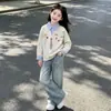 Conjunto Estilo Universitario para Niña Primavera y Otoño Moda Sudadera con Cuello Polo Pantalones de Mezclilla con Estrellas Conjunto de Dos Piezas Nuevo Primavera y Otoño