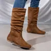 Botas de Media Pantorrilla de Talla Grande para Mujer para Comercio Exterior Transfronterizo 2026 Nuevo Estilo Cremallera Lateral Botas Arrugadas Holgadas Botas Vaqueras Planas de Gamuza