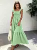 Vestido longo xadrez transfronteiriço feminino, decote quadrado, mangas bufantes, cintura marcada, barra ampla, vestido maxi de praia estilo férias