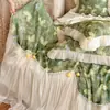 Juego de Colcha de Verano de 4 Piezas Estilo Bosque Femenino 60S Tencel, Sábana, Cubre Cama, Fresco y Sedoso, Borde Floral Fresco, Colcha de Aire Acondicionado