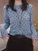 Camiseta de mujer de manga larga con volantes flockeados de lunares estilo coreano, nuevo top versátil de ajuste ceñido tie-dye para otoño 2026