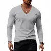 Camiseta Masculina Transfronteiriça 2025 Tops Transfronteiriços Camada Base Primavera e Outono Vestuário Masculino Europeu e Americano Gola V Cor Sólida Tamanho Grande Casual Manga Longa Roupa Masculina