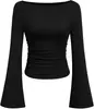 Camiseta acanalada de manga acampanada, cuello barco, color liso, estilo europeo y americano para mujer, colección de otoño, ajuste ceñido, plisada y favorecedora.