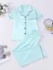Comercio Electrónico Transfronterizo Estilo Europeo Satén Transpirable Cárdigan Pijama Solapa Manga Corta Pantalón Largo Conjunto de Ropa para el Hogar para Mujer Venta al por Mayor