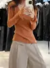 Nuevo Top Básico de Punto de Lana de Manga Larga Simple de Color Sólido Suave y Pegajoso con Cuello en U Ajustado para Mujer - Otoño/Invierno 2026