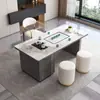 Conjunto de mesa de centro e cadeiras em pedra sinterizada de luxo leve, adequado para escritório, varanda ou uso doméstico; mesa de chá pequena moderna com chaleira de água integrada e estação de chá em pedra