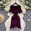 Vestido Largo de Punto de Manga Larga con Bloques de Color de Alta Gama Inspirado en Chanel para Mujer con Hebilla Metálica Ceñidor de Cintura Ajustado