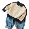 Cardigan de Tricô com Gola Alta e Zíper para Meninos e Meninas Outono Inverno Suéter Casaco Listrado Colorido para Bebê Top Estiloso para Crianças Pequenas e Médias