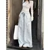 Calça Casual Listrada Azul Doce com Laço Estilo Coreano para Mulheres, Nova Coleção Verão 2026 Calças Longas Reta Drapeadas Emagrecimento