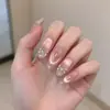Uñas Postizas Portátiles Estilo Francés Populares de Xiaohongshu con Diamantes Brillantes, Degradado Rosa Nude, Arte de Uñas Ojo de Gato, Uñas Postizas de Lujo Ligero y Gama Alta