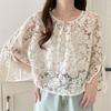 Exportación Japonesa y Coreana Verano Nuevo Cuello Redondo Abertura Encaje Floral Camisa de Encaje Top de Mujer