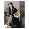 Vestido negro estilo colegial para mujer, talla grande, para chicas con sobrepeso, cintura con lazo, adelgazante, elegante, rejuvenecedor, cintura ceñida, falda larga