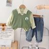 Meninos Bonito Terno de Manga Comprida 2024 Novo Outono Infantil Casual Estilo Ocidental Dinossauro Colete Conjunto de Três Peças Bebê Na Moda