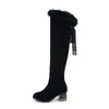 Botas altas de ante con cuello de piel y cinta de encaje Botas de jinete botas de tacón alto grueso 33-46 talla grande botas de comercio exterior