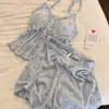 Pijama Dulce Azul Estampado con Lazo, Almohadilla en el Pecho y Tirantes, Conjunto de Shorts Talla Grande Verano 2027