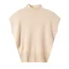 Top de punto sin costuras de una pieza para mujer, de lana, con hombros caídos, cuello semi alto y mangas cortas abullonadas, otoño 2026, capa base con tacto de alta gama