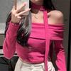Chica Atractiva Chica Sexy Otoño e Invierno Diseño Versátil de un Hombro Manga Larga Tejido Top Ajustado Ajustado Cuello Halter Tejido