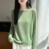 Suéter de tricô feminino com gola redonda, fino e leve, com barra enrolada, cor sólida, mangas compridas, versátil para usar em camadas e adequado para o dia a dia