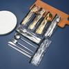 Venta caliente transfronteriza 304 acero inoxidable cuchillo, tenedor, cuchara, palillos traje de vajilla bolsa de PVC conveniente juego de cuatro piezas de vajilla portuguesa