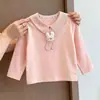 Camiseta de Manga Larga a Rayas con Solapa Estilo Coreano para Niñas, Bonita con Conejito 3D, Bebé, Otoño, Regreso a la Escuela, Estilo Universitario