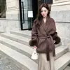 2026 Nueva Bata de Lana de Doble Cara con Cinturón, Abrigo Engrosado, Manga Desmontable de Piel de Zorro para Otoño/Invierno