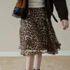 Falda Larga con Estampado de Leopardo Color Café de Nuevo Estilo 2026 para Mujer, Verano de Cintura Alta Elegante Línea A Adelgazante Casual con Volantes Midi