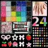 Caja de 24 compartimentos moderna y popular de diamantes de resina jelly de color AB con base plana, empaquetada para arte de uñas DIY, accesorios pequeños, venta al por mayor
