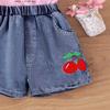 Traje de Niñas Europeas y Americanas Verano Nuevo Estilo Universitario Camiseta Top Estampada con Letras Lavado Agua Shorts de Mezclilla Conjunto de Dos Piezas