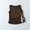 1037-26 Colete Liso Plissado Sem Mangas com Fita, Estilo Verão, Versão Coreana, Corte Justo, Gola Redonda Pequena