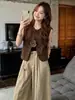 Chal retro estilo gamuza con cuello redondo para mujer, nueva colección de otoño, de un solo pecho, sin mangas, prenda exterior versátil, efecto adelgazante, top para mujer