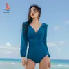 Traje de Baño de Aguas Termales de Gama Alta para Mujer, Una Pieza, Manga Larga, Estilo Hada Conservador 2025, Cubre Vientre y Pecho Pequeño, Traje de Baño Push-Up