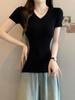 Camiseta de Manga Corta con Bloques de Color y Cuello en V Estilo Americano Picante para Mujer, Verano, Ceñida a la Cintura, Hombro Normal, Ajustada, Delgado, Top Interior