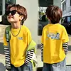 Camiseta de Algodão Puro Manga Longa para Meninos Uso Primavera e Outono Estilosa Média e Grande Infantil Marca da Moda Solta Listrada Patchwork Camada de Base Top