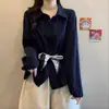 Camisa azul claro mujer nicho otoño nuevo temperamento fruncido a la cintura top de manga larga con bufanda de seda