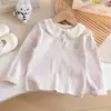 Camiseta de manga larga a rayas para niña con cuello de muñeca y diseño de oso de dibujos animados, estilo coreano, moderna, nueva prenda versátil de manga larga para primavera/otoño
