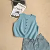 Chaleco de punto de estilo coreano de cuello redondo, cinco botones, hilo floral, top corto de capas moderno, versátil
