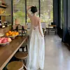 Fogos de Artifício Estilo Francês Crisântemo Fresco Clássico Relaxamento Novo Estilo Chinês Tridimensional Bordado Linho Elegante Vestido de Alcinha para Férias