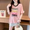 Chica gordita Hombro 150.00kg talla grande Delgada Protector solar Bordado Camiseta de manga corta para mujer Verano Suelta Rosa Top de media manga