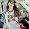 Camiseta de Manga Corta con Bloques de Color Divertidos y Estilo Dulce y Fresco, Estampado de Letras para Mujer, Verano, Cuadros Amarillos, Holgada, Moda, Top Adelgazante