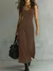 Vestido Longo de Verão Cruzado Europeu e Americano do Ebay com Decote U sem Mangas, Costura Assimétrica Elegante e Modelagem Ajustada