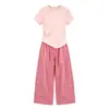 Conjunto Rosa para Niñas 2026 Verano Nuevo Estilo para Niños Mayores, Camiseta de Manga Corta y Pantalones de Pierna Ancha, Conjunto de Dos Piezas de Verano para Niños