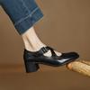 Sin Tacones Caídos Elegantes Combinación Total Cuero Texturizado de Piel de Vaca Correa Cruzada Mary Jane Primavera 2025 Tacón Alto Grueso Punta Redonda Cuero Genuino Zapatos de Una Capa para Mujer